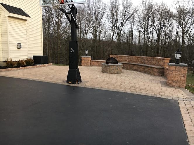 patio design with basketball hoop